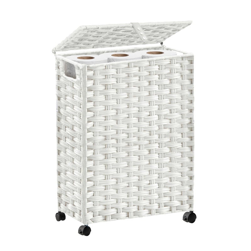 Hiagnete Toilet Paper Storage Basket with Lid and Wheels Rattan Toilet Paper Holder Storage Toilet Paper Organizer for Bathroom Bedroom Kitchen 126L x 71W x 1714H White - Image 2