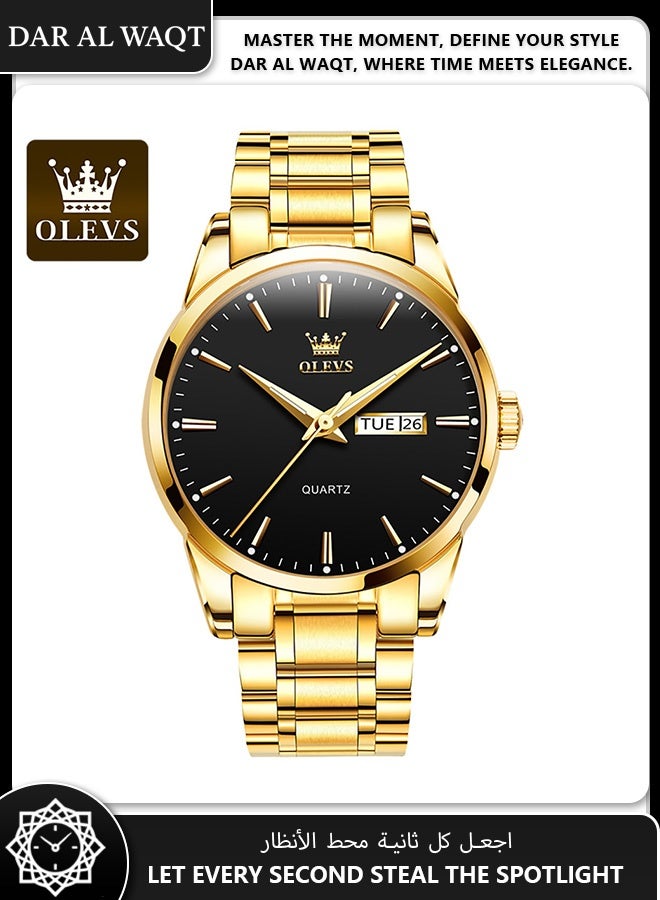 أوليفز ساعة رجالية مقاومة للماء من OLEVS – كوارتز، وجه أسود، سوار ذهبي - Image 1
