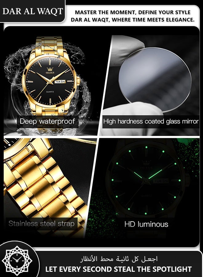 أوليفز ساعة رجالية مقاومة للماء من OLEVS – كوارتز، وجه أسود، سوار ذهبي - Image 4