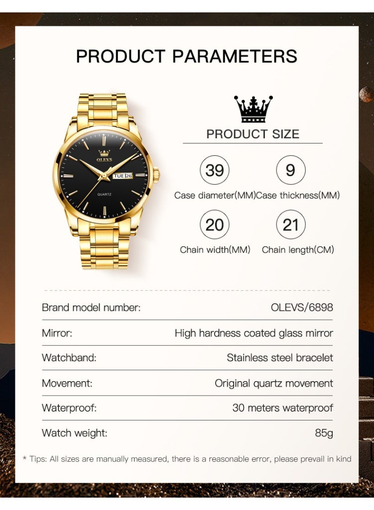 أوليفز ساعة رجالية مقاومة للماء من OLEVS – كوارتز، وجه أسود، سوار ذهبي - Image 5