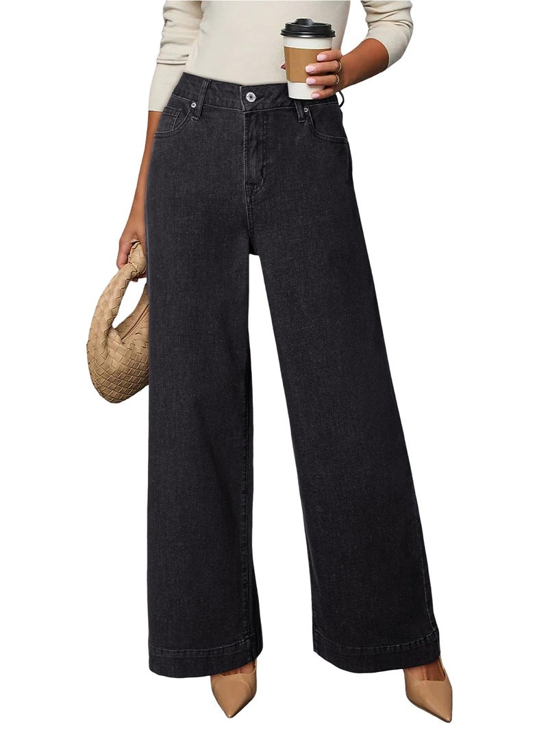 Dokotoo Women Casual Jeans for Women High Waist Wide Leg Loose Stretch Denim Pants Black Size 14 - Image 1