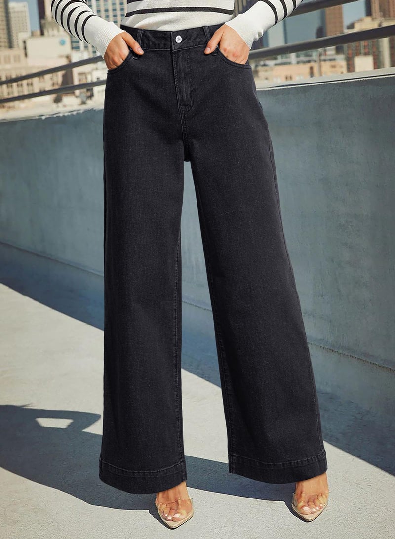 Dokotoo Women Casual Jeans for Women High Waist Wide Leg Loose Stretch Denim Pants Black Size 14 - Image 3