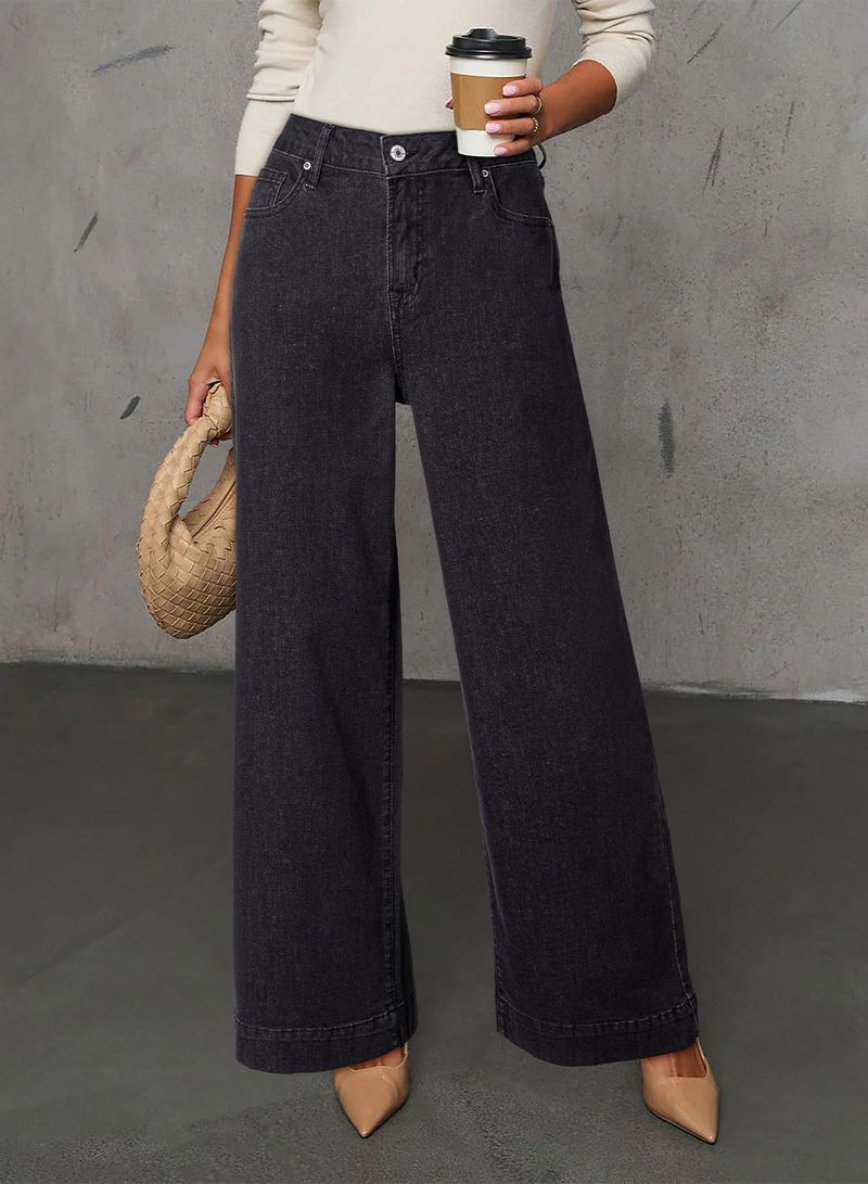 Dokotoo Women Casual Jeans for Women High Waist Wide Leg Loose Stretch Denim Pants Black Size 14 - Image 2