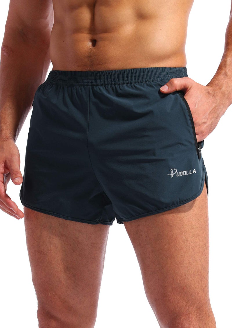 Pudolla Men’s Running Shorts 3 Inch Quick Dry Gym Athletic Workout Shorts for Men with Zipper Pockets(Navy Blue Large) - Image 1