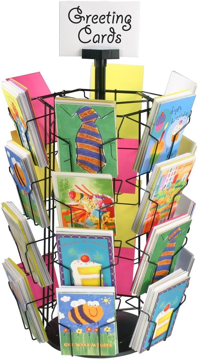 Greeting Card Racks with 24 5 x 7 Pockets for Countertop Use 29 inches Tall 11inch Diameter Plastic Base  Black Wire Holders