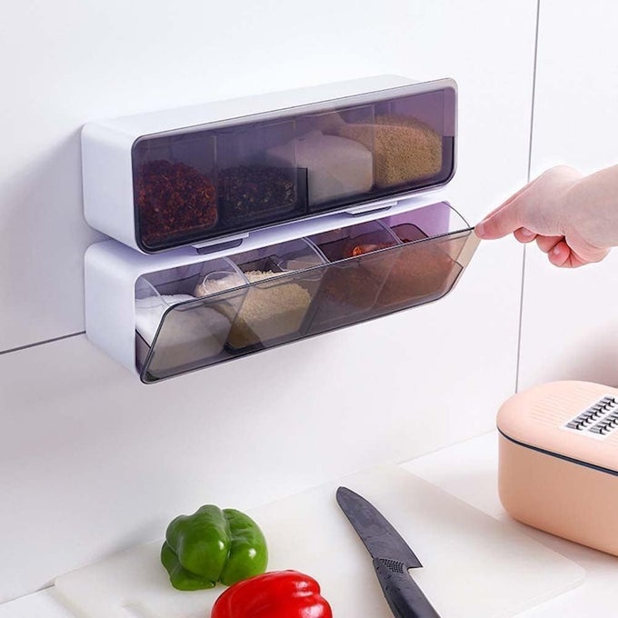WALL MOUNTED SPICE STORAGE BOX WITH SPOON MULTIPURPOSE SELFADHESIVE SEASONING MASALA SPICE RACK SHELF WITH COVER PLASTIC SPICE RACK MASALA ORGANISER FOR KITCHEN