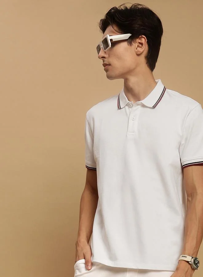 ECOLORE Men White Tipped Slim Fit Polo T-Shirt