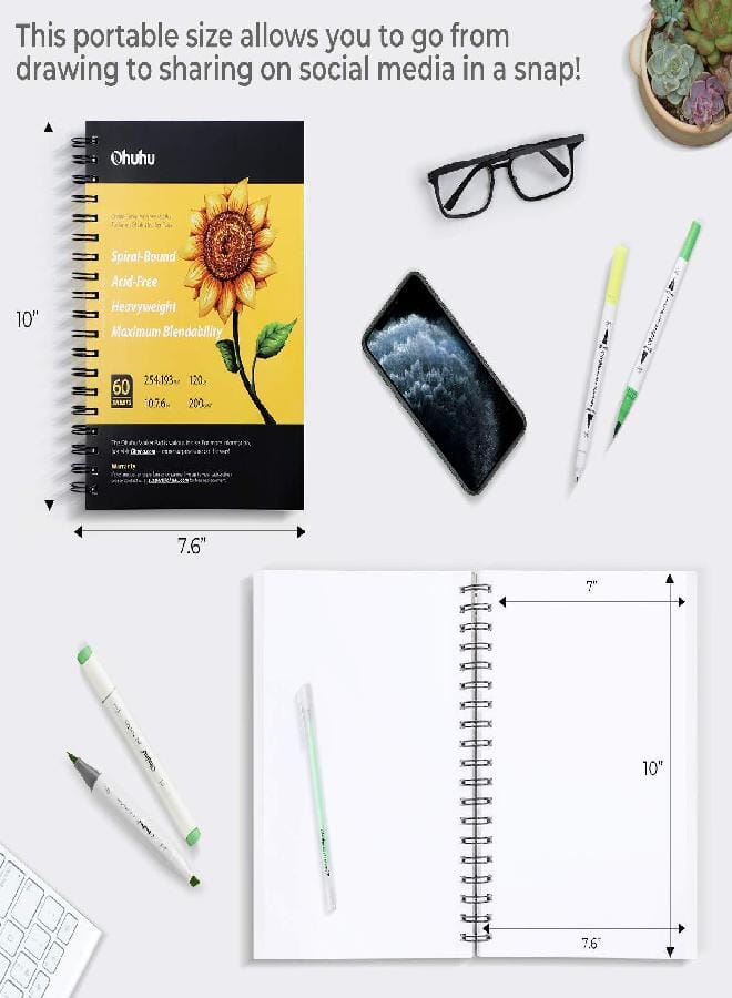 Ohuhu Ohuhu Marker Pads Art Sketchbook, 7.6"x10" Large Paper Size, 120 lb/200 GSM Heavy Smooth Drawing Papers, 60 Sheets/120 Pages, Spiral-Bound Sketch Book for Markers Christmas Gift - Image 5