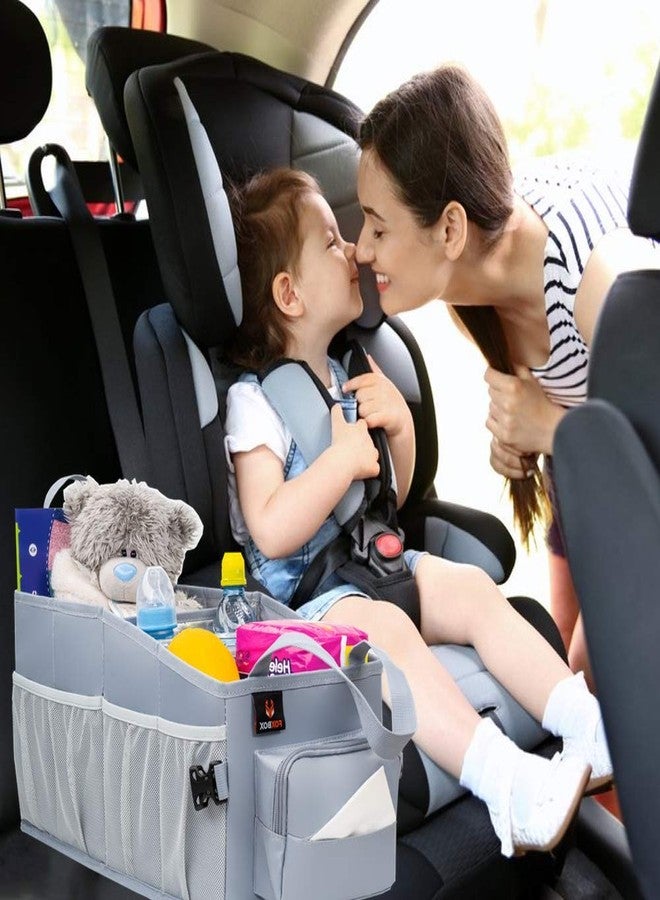 FOXBOX Easy-to-Reach Kids Car Organizer with Tissue Box and Cup Holder for Back Seat, Front Seat, Between Seats, Floor - Tote Car Storage Organization for Toddlers - Kids Road Trip Travel Essentials (Grey) - Image 2