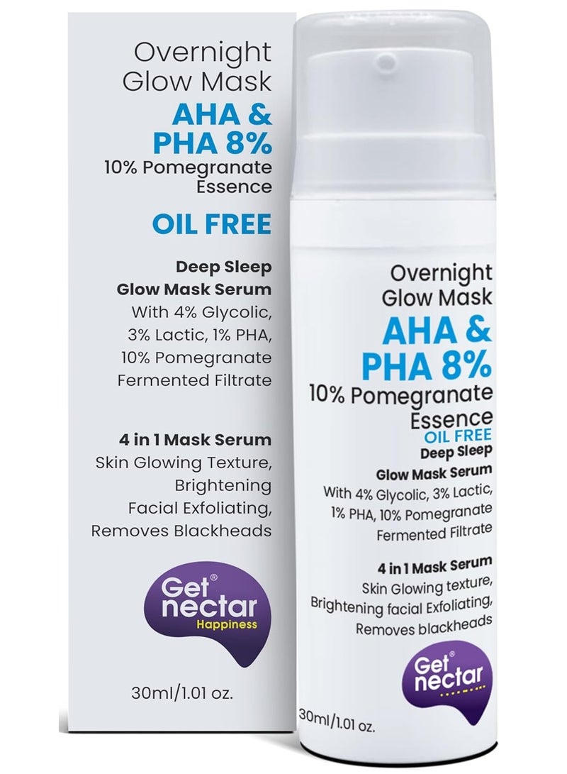 Get Nectar Happiness احصلي على قناع "Nectar Happiness Overnight Glow Mask" الليلي (خالٍ من الزيوت)، بتركيبة تحتوي على 8% من أحماض AHA وPHA و10% من خلاصة الرمان؛ لمنح البشرة ملمساً مشرقاً ومتألقاً، وتقشير وتفتيح الوجه، وإزالة الرؤوس السوداء (حجم 30 مل). - Image 1