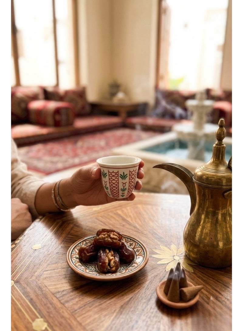 Set of 12 Arabic Coffee Cups Porcelain - Traditional Red & Green Heritage Pattern - For Gahwa Karak & Hospitality - Image 5