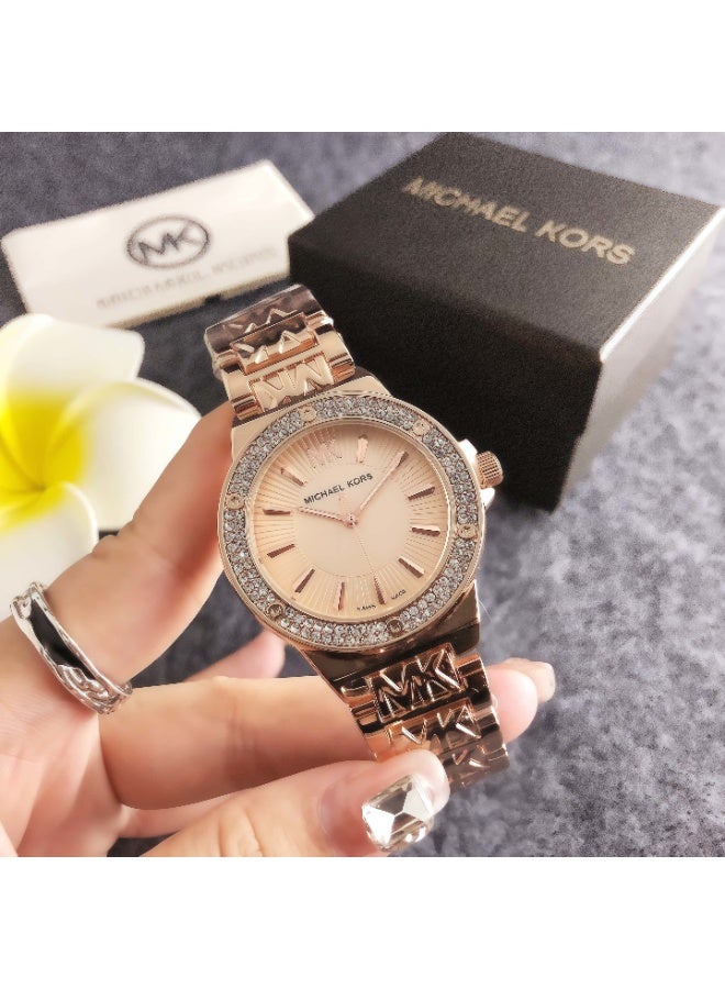 ام كي Michael Kors Women's Rose Gold - Tone Watch with Crystal - Embellished Bezel and Logo - Detailed Bracelet