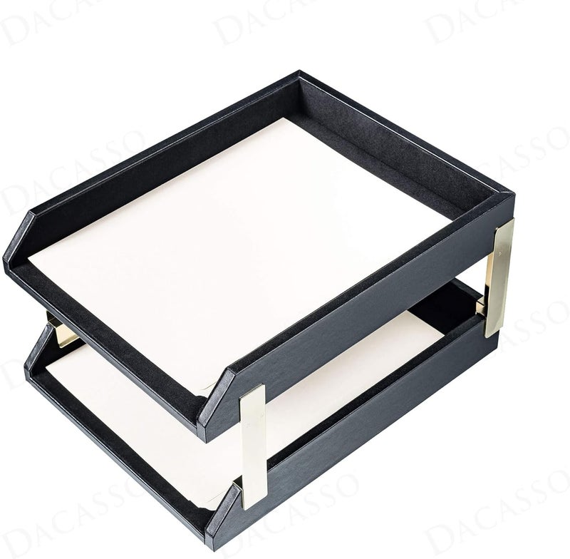 Dacasso Classic Black Leather FrontLoad Double Letter Tray Set wGold Stacking Posts  Luxury Executive Decor and Office Essential  Desk Surface Protector - Image 1