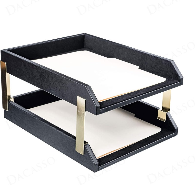 Dacasso Classic Black Leather FrontLoad Double Letter Tray Set wGold Stacking Posts  Luxury Executive Decor and Office Essential  Desk Surface Protector - Image 3