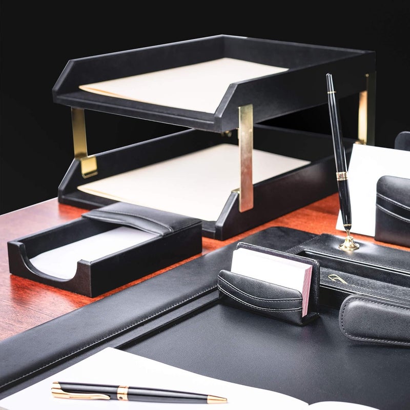 Dacasso Classic Black Leather FrontLoad Double Letter Tray Set wGold Stacking Posts  Luxury Executive Decor and Office Essential  Desk Surface Protector - Image 4