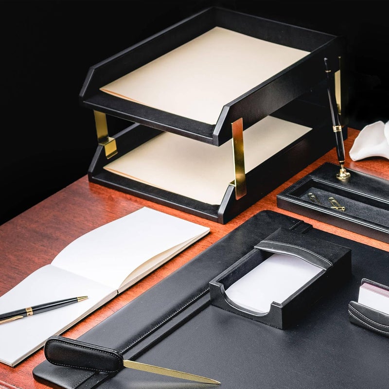 Dacasso Classic Black Leather FrontLoad Double Letter Tray Set wGold Stacking Posts  Luxury Executive Decor and Office Essential  Desk Surface Protector - Image 5