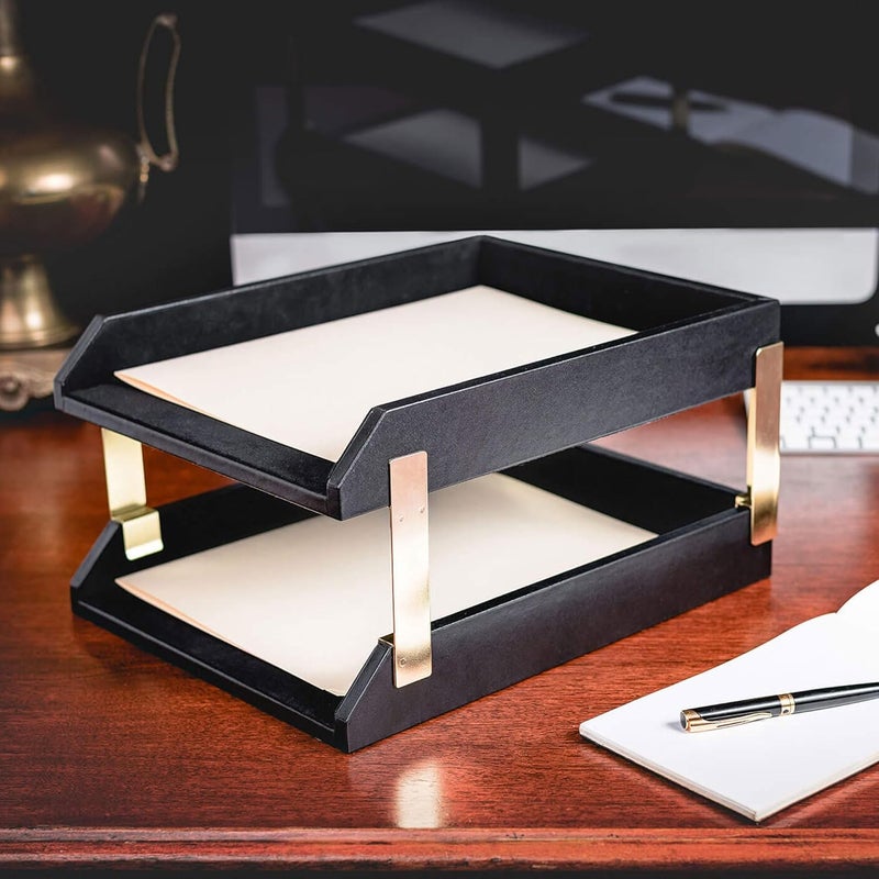 Dacasso Classic Black Leather FrontLoad Double Letter Tray Set wGold Stacking Posts  Luxury Executive Decor and Office Essential  Desk Surface Protector - Image 2