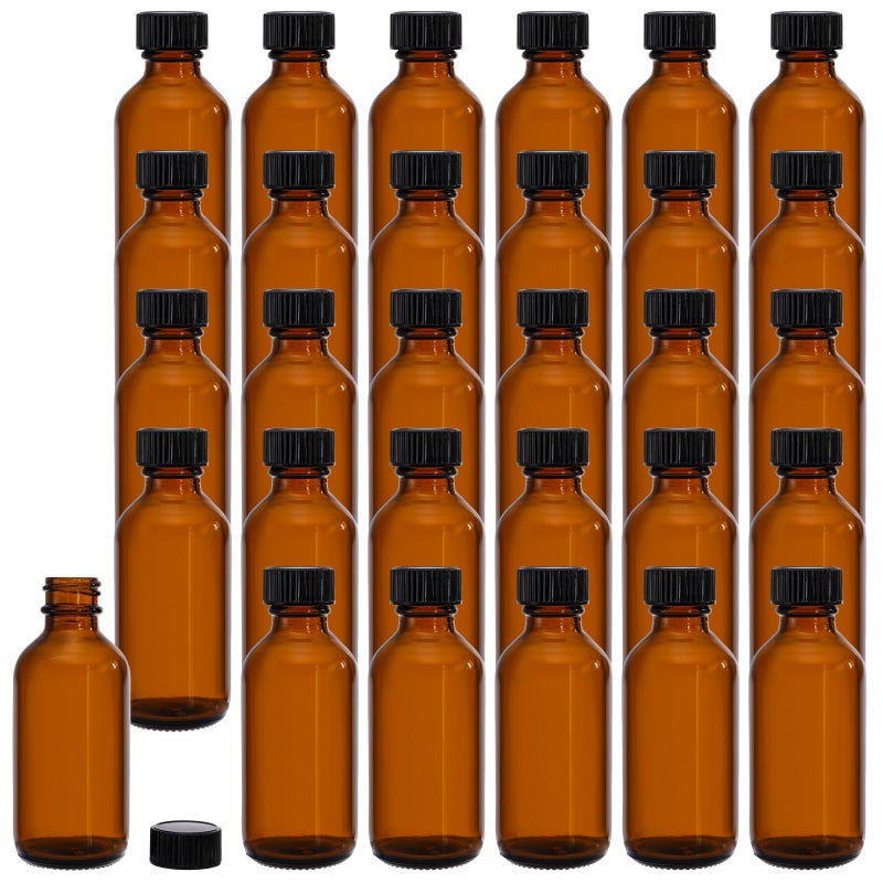 Bekith 30 Pack 2 oz Boston Round Glass Bottle with Black Caps Amber