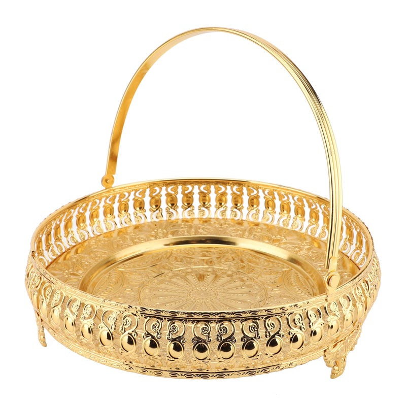 NOENNULL Retro Round Fruit Plate Exquisite Decorative Dessert Plate Large Capacity Gold Zinc Alloy Fruit Trays for Parties with Handle Serving Tray - Image 2