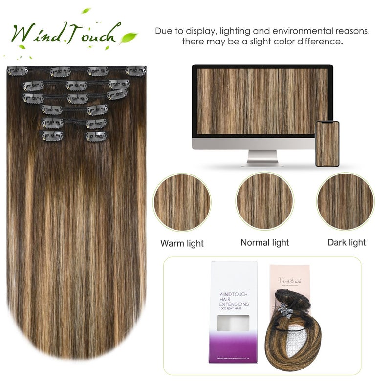 WindTouch إضافات شعر بشري WindTouch قابلة للتثبيت بلون بني شوكولاتة إلى أشقر داكن مع خصلات أومبري للشعر البني 18 بوصة 75 جرام #4T27P4 7 قطع - Image 4
