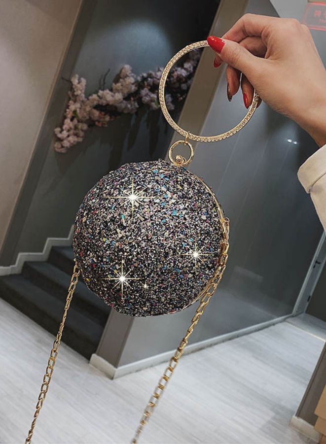 Ball Shape Clutch Purse Party Handbag | Rhinestone Ring Handle Evening Bag | Black  - Image 3