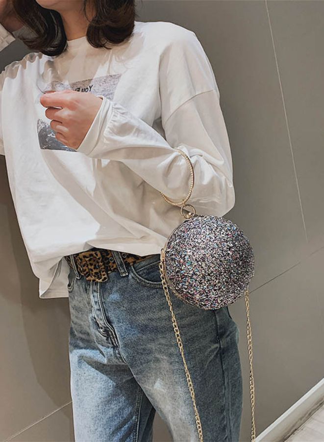 Ball Shape Clutch Purse Party Handbag | Rhinestone Ring Handle Evening Bag | Black  - Image 2