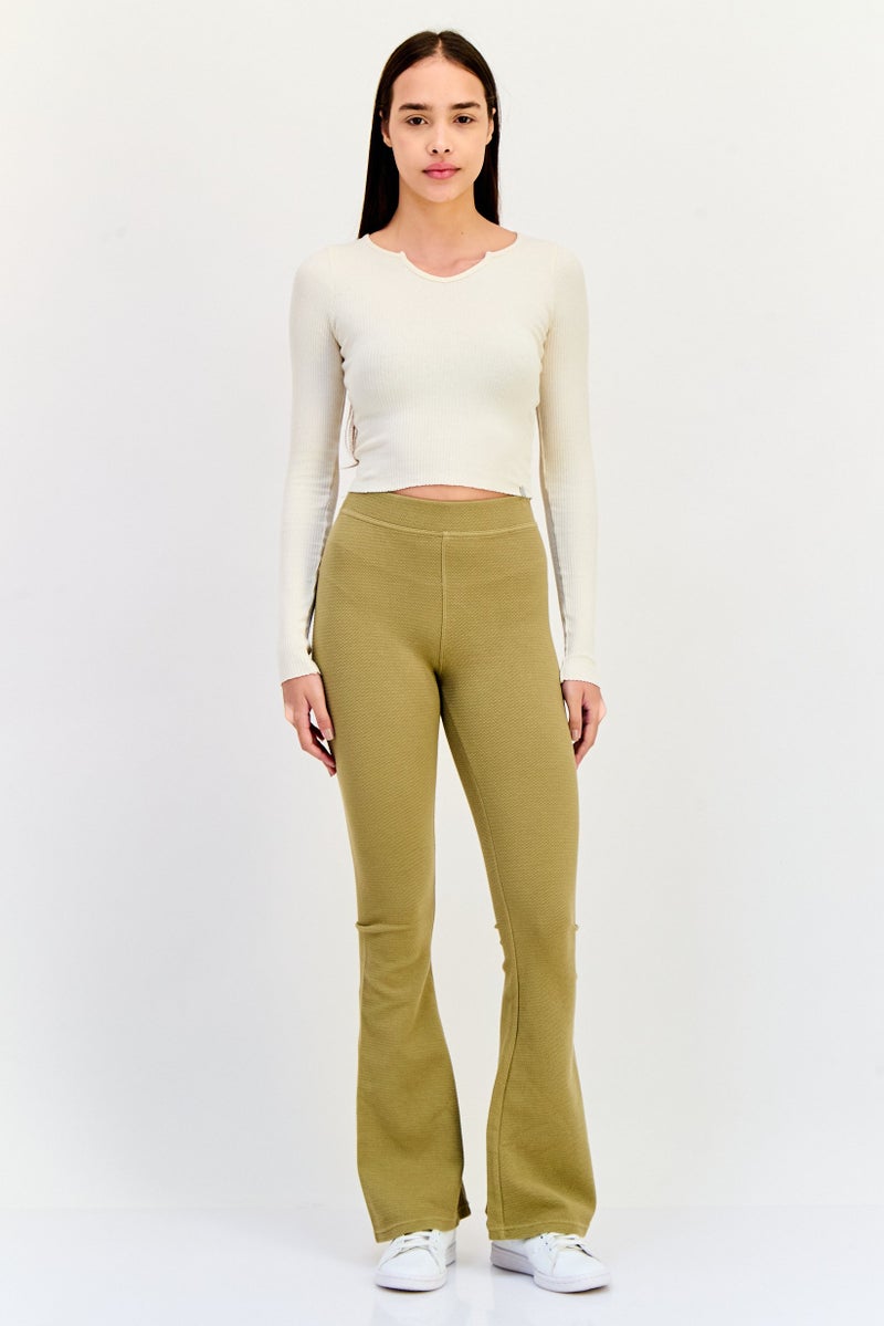 Aerie Women Regular Fit Textured Wide Leg Pants, Khaki  - Image 3