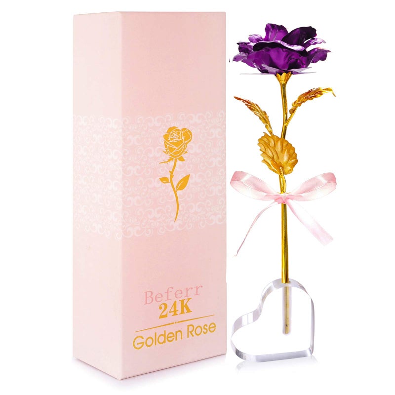 Beferr Birthday Gifts for Women Golden Foil Eternal Rose Purple Flower Gift with Heart StandGifts for Her Mum Stepmum Grandma Wife Sister Mothers Day Rose Gifts for Mum from Daughter Son