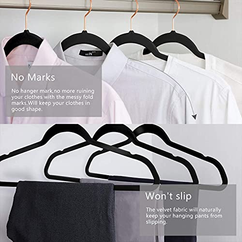 KITCHMO- Premium Velvet Hangers Non Slip Velvet Suit Hangers Rose Gold Hooks,Space Saving Clothes Hangers Velvet Hangers Non-Slip 360 Degree Swivel Hook Clothes Hangers Velvet (Black, Pack of 6) - Image 5
