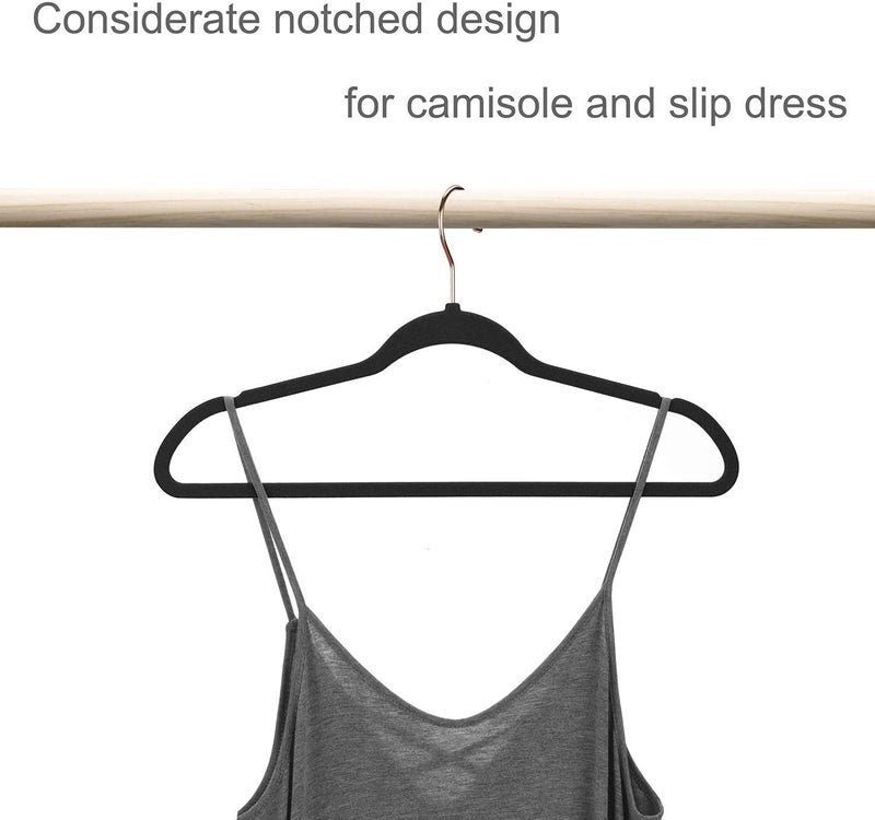 KITCHMO- Premium Velvet Hangers Non Slip Velvet Suit Hangers Rose Gold Hooks,Space Saving Clothes Hangers Velvet Hangers Non-Slip 360 Degree Swivel Hook Clothes Hangers Velvet (Black, Pack of 6) - Image 4