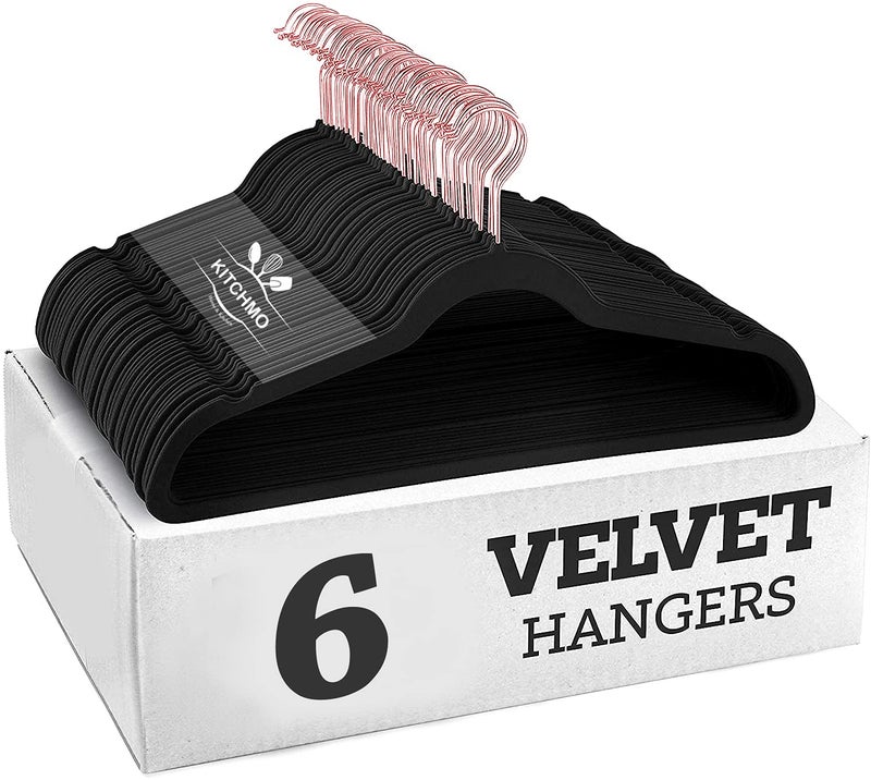 KITCHMO- Premium Velvet Hangers Non Slip Velvet Suit Hangers Rose Gold Hooks,Space Saving Clothes Hangers Velvet Hangers Non-Slip 360 Degree Swivel Hook Clothes Hangers Velvet (Black, Pack of 6) - Image 1