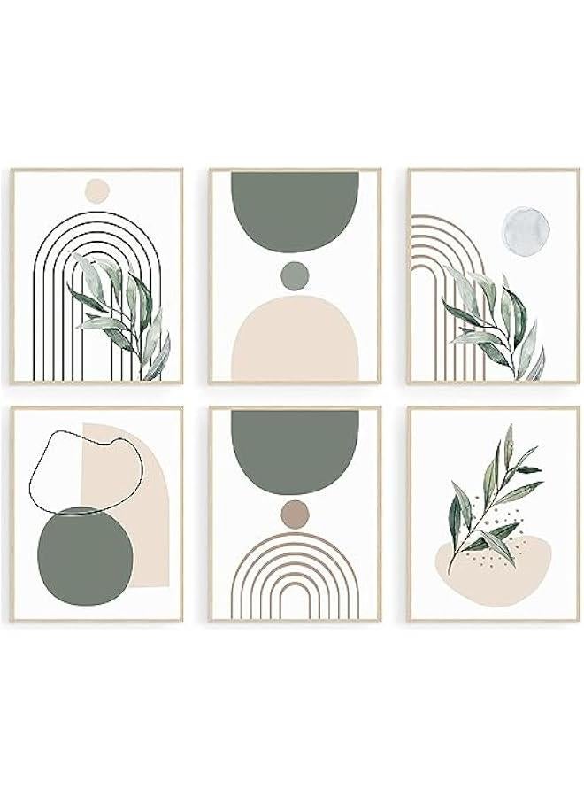 KBKBART Sage Green Boho Wall Art Prints, Abstract Geometric Boho Wall Decor Leaf Botanical Sun Moon Line Canvas Art Prints, Minimalist Green Boho Room Decor Poster Paintings for Bedroom Gallery Living Room - Image 1