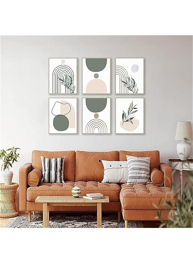 KBKBART Sage Green Boho Wall Art Prints, Abstract Geometric Boho Wall Decor Leaf Botanical Sun Moon Line Canvas Art Prints, Minimalist Green Boho Room Decor Poster Paintings for Bedroom Gallery Living Room - Image 3