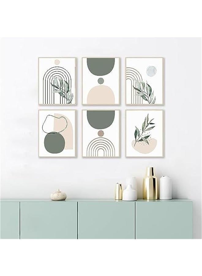KBKBART Sage Green Boho Wall Art Prints, Abstract Geometric Boho Wall Decor Leaf Botanical Sun Moon Line Canvas Art Prints, Minimalist Green Boho Room Decor Poster Paintings for Bedroom Gallery Living Room - Image 5