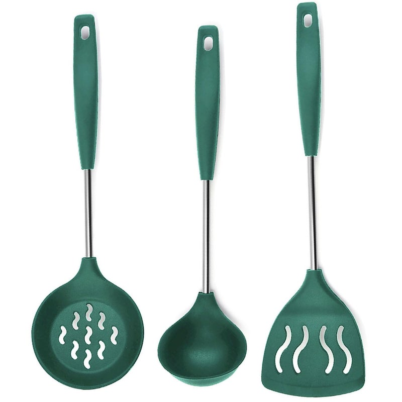 FS COOL Ladles for Cooking Kadchi Stainless Steel Karandi for Cooking Skimmer Spoon for Frying Fry Strainer Poori Strainer Silicone Slotted Turner Kitchen Spatula Set Set of 3 Green - Image 1