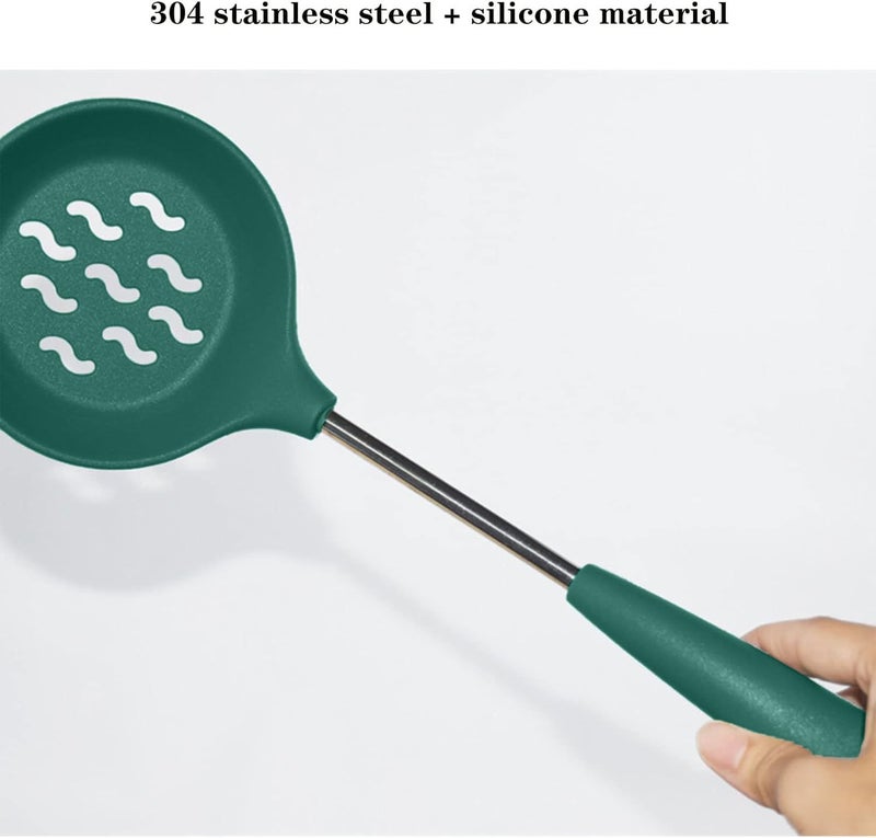 FS COOL Ladles for Cooking Kadchi Stainless Steel Karandi for Cooking Skimmer Spoon for Frying Fry Strainer Poori Strainer Silicone Slotted Turner Kitchen Spatula Set Set of 3 Green - Image 4