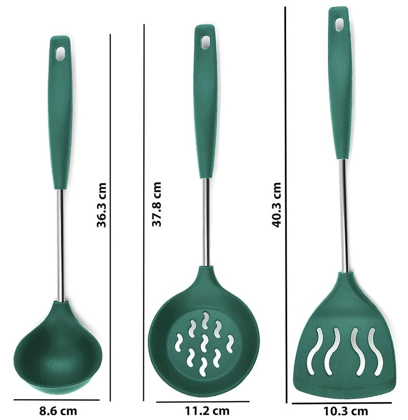 FS COOL Ladles for Cooking Kadchi Stainless Steel Karandi for Cooking Skimmer Spoon for Frying Fry Strainer Poori Strainer Silicone Slotted Turner Kitchen Spatula Set Set of 3 Green - Image 2