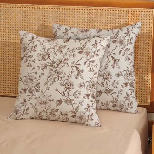 DAFENA Brown Vintage Floral Pillow Covers 18x18 Inch 2 Pcs Fall Brown Cream Rustic Toile Chinoiserie Flower Decor Throw Pillows Outdoor Decoration Pillowcase Linen Cushion Cover for Couch Sofa Bed - Image 3