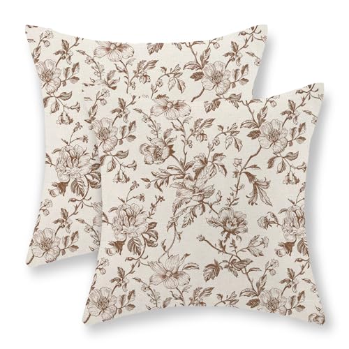 DAFENA Brown Vintage Floral Pillow Covers 18x18 Inch 2 Pcs Fall Brown Cream Rustic Toile Chinoiserie Flower Decor Throw Pillows Outdoor Decoration Pillowcase Linen Cushion Cover for Couch Sofa Bed - Image 1