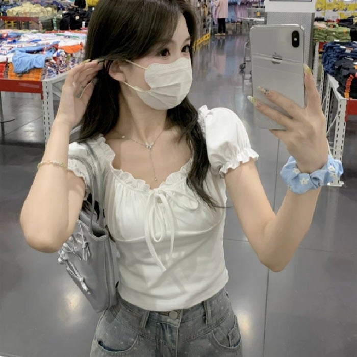 Short Breathable Puff Sleeve Short-Sleeved Pure Color T-Shirt For Women With Pleated Design, White, Sweet And Stylish, Slimming Look - Image 2