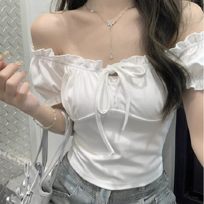 Short Breathable Puff Sleeve Short-Sleeved Pure Color T-Shirt For Women With Pleated Design, White, Sweet And Stylish, Slimming Look - Image 3