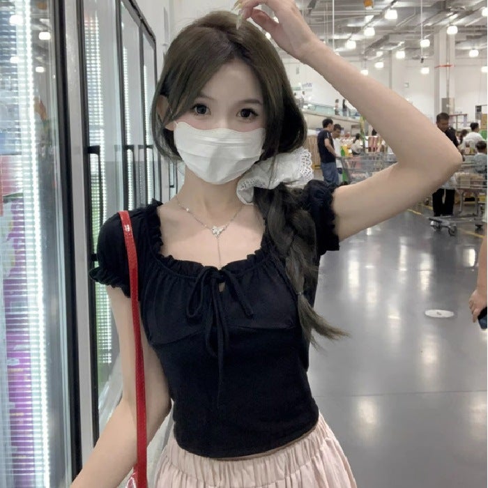 Short Breathable Puff Sleeve Short-Sleeved Pure Color T-Shirt For Women With Pleated Design, White, Sweet And Stylish, Slimming Look - Image 5