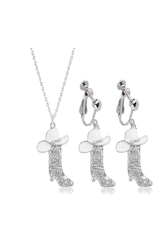 Modpide Rhinestone Western Boots Clip on Earrings Necklace Jewelry Set Cowgirl Cowboy Enamel Hat Earrings (white boots) - Image 1