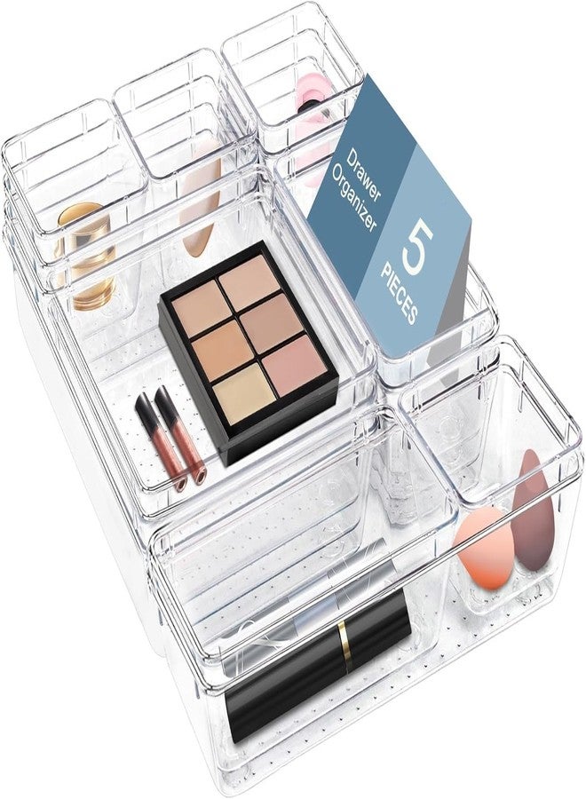 PRAMANTA Acrylic Bathroom Drawer Organizers, Desk Drawer Organizer Tray, 5-Size Dresser Drawer Organizers and Storage for Jewelries, Bedroom Kitchen Utensil Office (1Set of 5Pcs) - Image 1