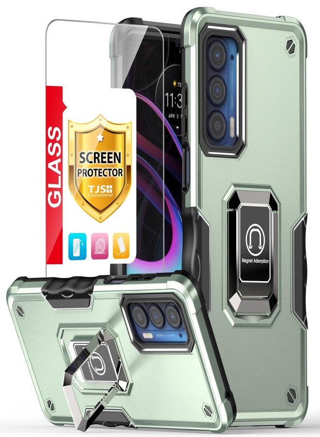 TJ's TJS for Motorola Moto Edge 2021 Case, Moto Edge 5G UW Case, with Tempered Glass Screen Protector, [Military Grade] Heavy Duty Protective Cover, Magnetic Support Ring Kickstand Phone Case (Green) - Image 1