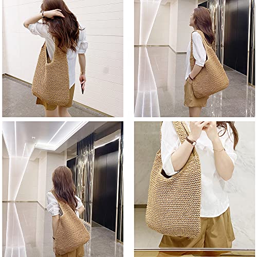 QTKJ Hand-woven Soft Large Straw Shoulder Bag Boho Straw Handle Tote Retro Summer Beach Bag Rattan Handbag (Khaki) - Image 5