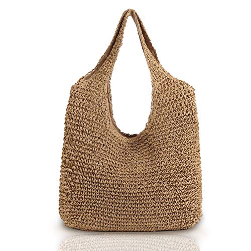 QTKJ Hand-woven Soft Large Straw Shoulder Bag Boho Straw Handle Tote Retro Summer Beach Bag Rattan Handbag (Khaki) - Image 1