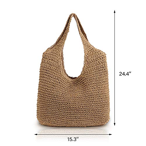 QTKJ Hand-woven Soft Large Straw Shoulder Bag Boho Straw Handle Tote Retro Summer Beach Bag Rattan Handbag (Khaki) - Image 2
