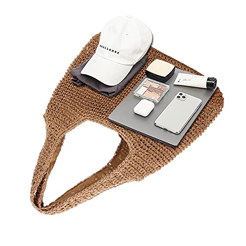 QTKJ Hand-woven Soft Large Straw Shoulder Bag Boho Straw Handle Tote Retro Summer Beach Bag Rattan Handbag (Khaki) - Image 3