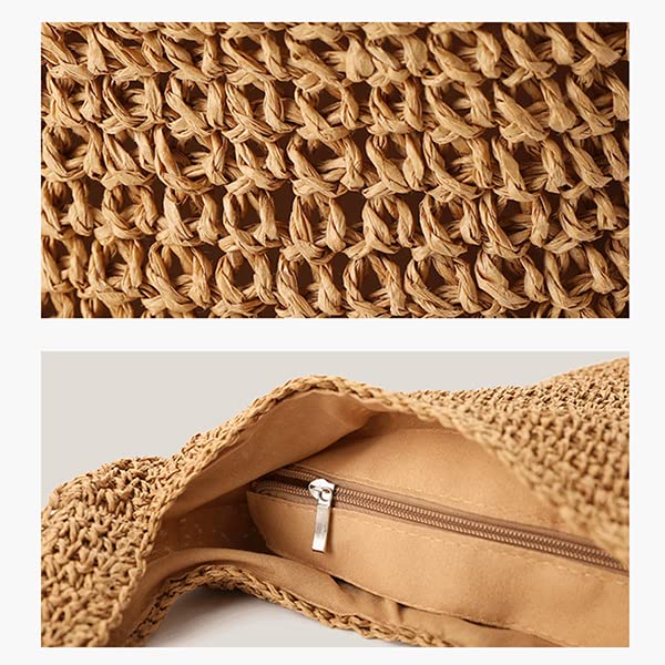 QTKJ Hand-woven Soft Large Straw Shoulder Bag Boho Straw Handle Tote Retro Summer Beach Bag Rattan Handbag (Khaki) - Image 4